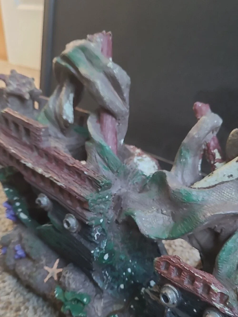 Decorative Sunken Ship Aquarium Ornament in Brown, Green and Purple